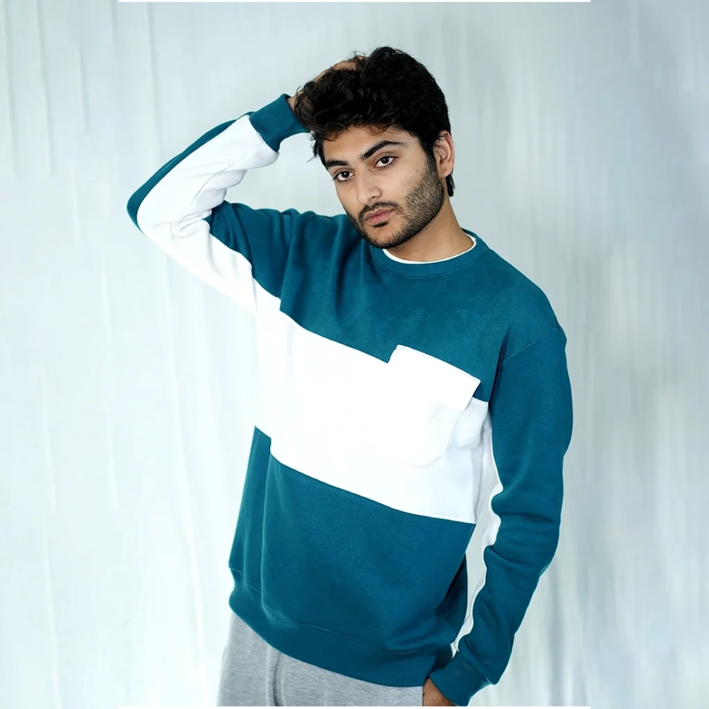 Latest sweatshirts Teal & white colorblock crewneck sweatshirt with pocket – premium fleece